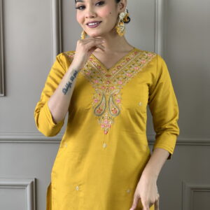 Mustard Classic Embroidery Design Kurta With Pant and Dupatta