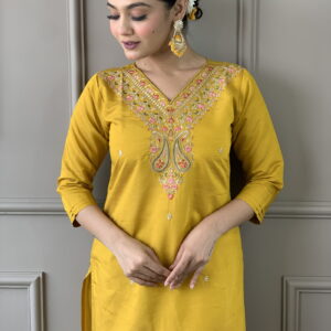 Mustard Classic Embroidery Design Kurta With Pant and Dupatta