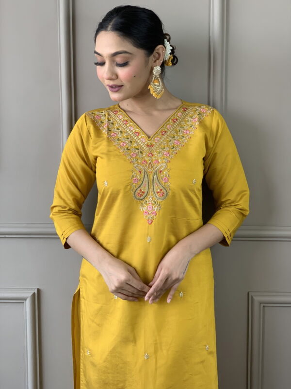 Mustard Classic Embroidery Design Kurta With Pant and Dupatta