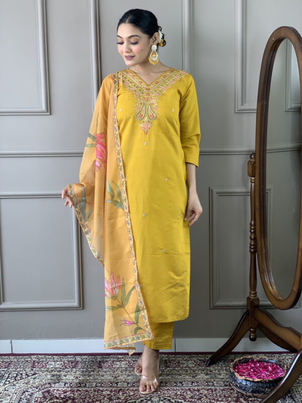 Mustard Classic Embroidery Design Kurta With Pant and Dupatta