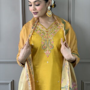 Mustard Classic Embroidery Design Kurta With Pant and Dupatta