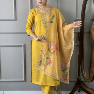 Mustard Classic Embroidery Design Kurta With Pant and Dupatta