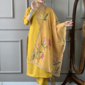 Mustard Classic Embroidery Design Kurta With Pant and Dupatta