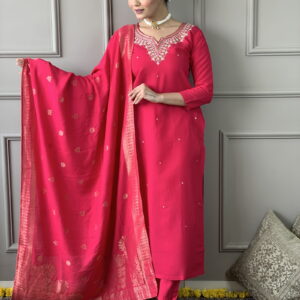 Beautiful Pink Viscose Chanderi Kurta Set with Bottom Wear and Dupatta