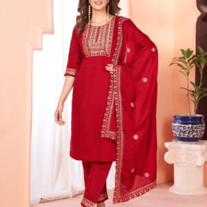 Maroon Embroidered Kurta set With Bottom Wear and Dupatta