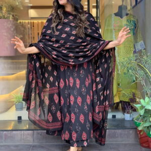 Black Cotton Faired Kurta Set with Bottom Wear and Dupatta set