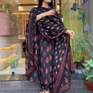 Black Cotton Faired Kurta Set with Bottom Wear and Dupatta set