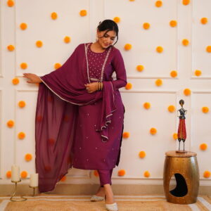 Women Wine Embroidered Kurta with Trousers & With Dupatta