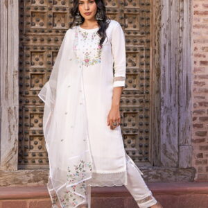 Solid Resham Embroidered kurta with Pants & Resham Embroidered Organza Dupatta