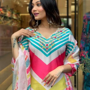 Pink Multicolor Maslin Straight Kurti With Pant And Oraganza Dupatta