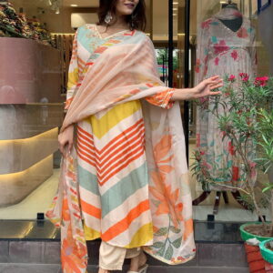 Multicolor Maslin Straight Kurti With Pant And Oraganza Dupatta