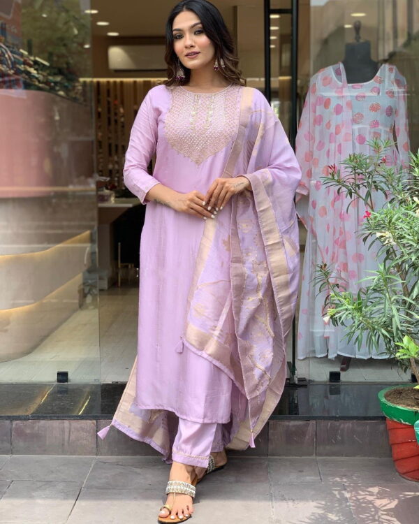 Lavender Straight Kurta with Pants & Dupatta