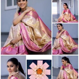 soft lichi silk white and pink saree for women