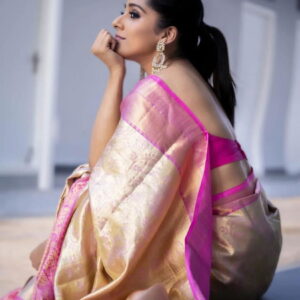 soft lichi silk white and pink saree for women