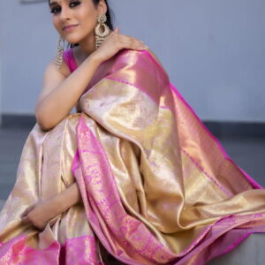 soft lichi silk white and pink saree for women