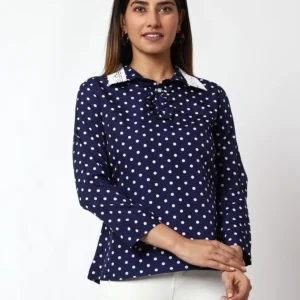 Casual Printed Women Dark Blue Round Neck Top