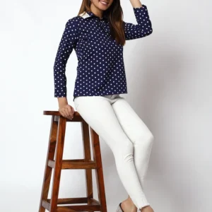 Casual Printed Women Dark Blue Round Neck Top