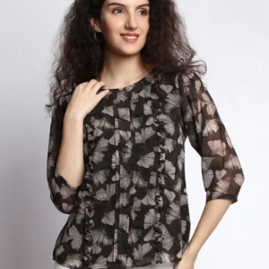 Casual Printed Women Black Round Neck Top