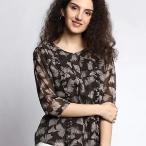 Casual Printed Women Black Round Neck Top