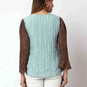 Casual Embellished Women Light Blue,Brown V-Neck Top