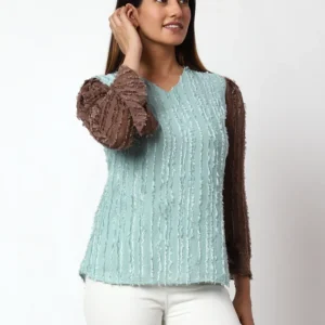 Casual Embellished Women Light Blue,Brown V-Neck Top