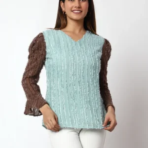 Casual Embellished Women Light Blue,Brown V-Neck Top