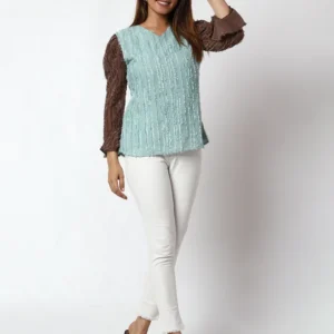 Casual Embellished Women Light Blue,Brown V-Neck Top