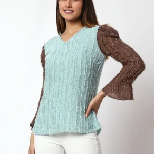 Casual Embellished Women Light Blue,Brown V-Neck Top