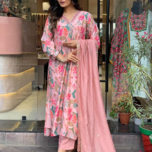 Pink Printed Kurta Set With Chanderi Dupatta With Pant Pair