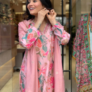 Pink Printed Kurta Set With Chanderi Dupatta With Pant Pair