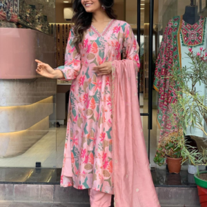 Pink Printed Kurta Set With Chanderi Dupatta With Pant Pair