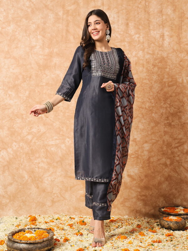 Designer Sequence Embroidery Work Chinon Kurta with Trousers & Dupatta