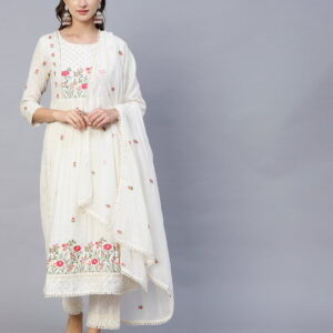 Women heavy Embroidered Viscose Rayon Blend kurta set in White Color