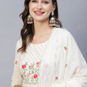 Women heavy Embroidered Viscose Rayon Blend kurta set in White Color