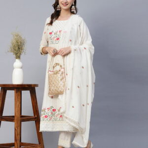 Women heavy Embroidered Viscose Rayon Blend kurta set in White Color