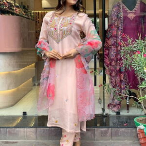 Peach Heavy Kurta Set With Organza Dupatta