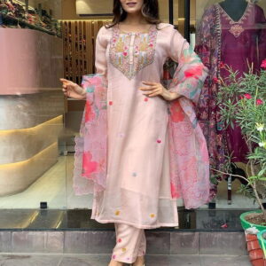 Peach Heavy Kurta Set With Organza Dupatta