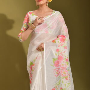 Designer Saree With All Over Digital Print Zari Patta Borders