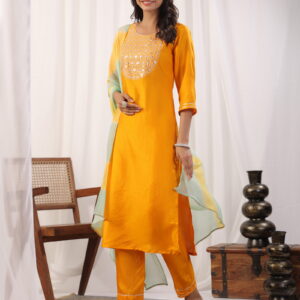 Yellow Embroidered Kurta with Trousers with Dupatta