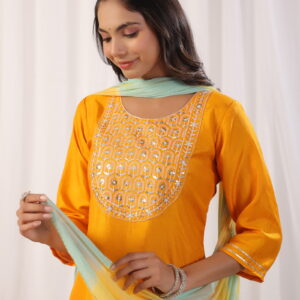 Yellow Embroidered Kurta with Trousers with Dupatta