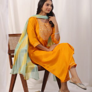 Yellow Embroidered Kurta with Trousers with Dupatta