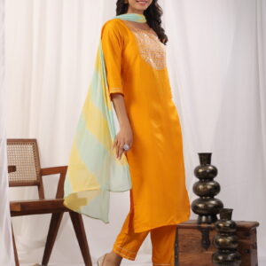 Yellow Embroidered Kurta with Trousers with Dupatta