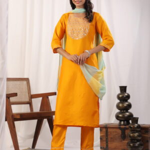 Yellow Embroidered Kurta with Trousers with Dupatta