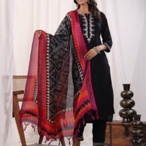 Black Embordered Rayon Kurta Set With Dupatta And Bottom