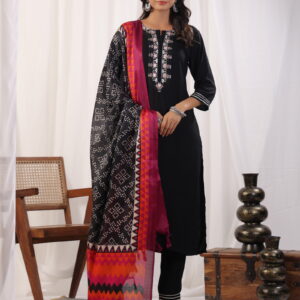 Black Embordered Rayon Kurta Set With Dupatta And Bottom