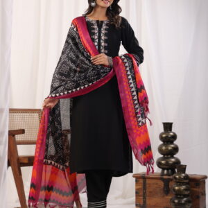 Black Embordered Rayon Kurta Set With Dupatta And Bottom