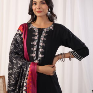 Black Embordered Rayon Kurta Set With Dupatta And Bottom