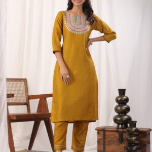 Solid Straight Round Neck Silk Kurta Pant Set With Dupatta