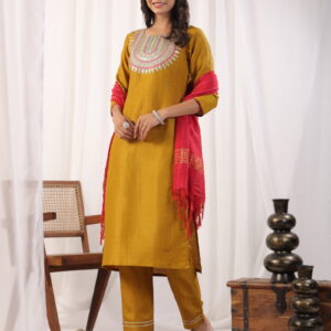 Solid Straight Round Neck Silk Kurta Pant Set With Dupatta