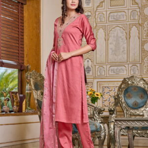 Women Embroidered Straight Kurta Set in Peach Colour